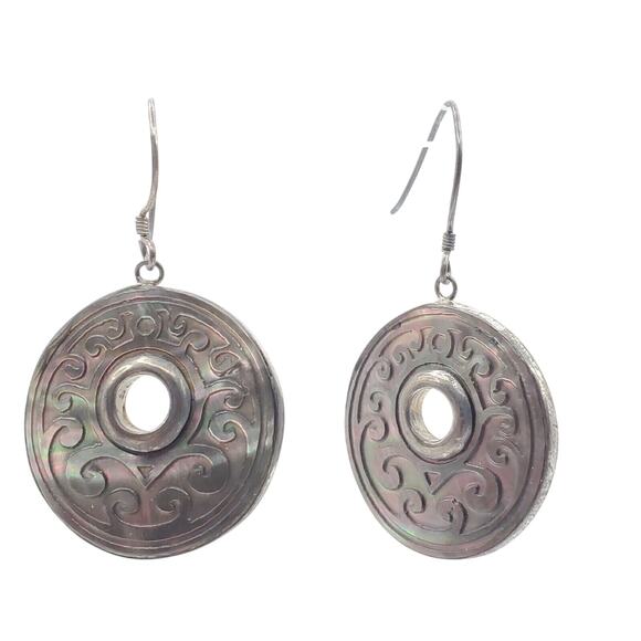 Sterling Silver Carved Shell Pendant Necklace Earrings 925 Abalone MOP Vintage - Picture 5 of 10